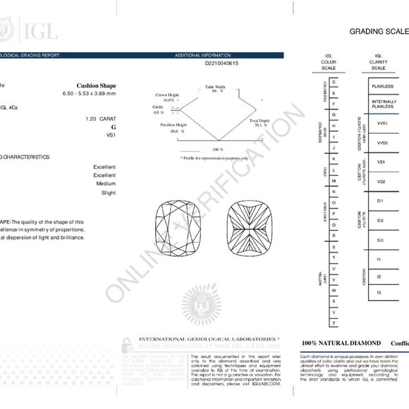 Cushion Natural Diamond Pendant 14K Gold (1.2 Ct G Vs1) Igl C54200002 - Picture 4 of 6